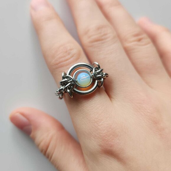 Opalite big silver medieval elf chainmail chain-link ring ✦ size 9 ✦ - Picture 9 of 9